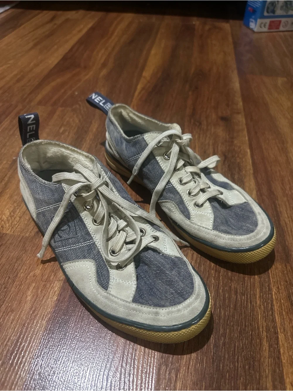 Chanel women’s shoes- Denim-Look Lace-Up Sneakers - Blue and white